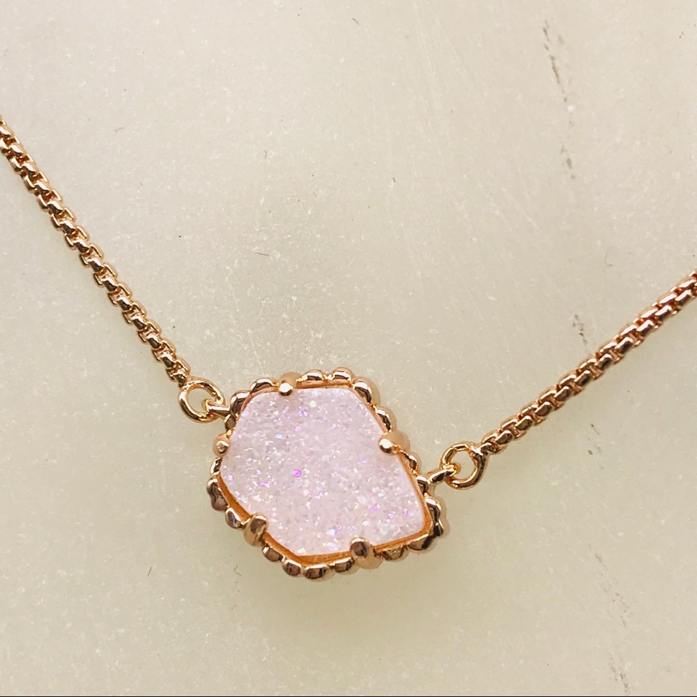 Kendra Scott Tess White Iridescent Drusy Necklace Rose Gold Plated